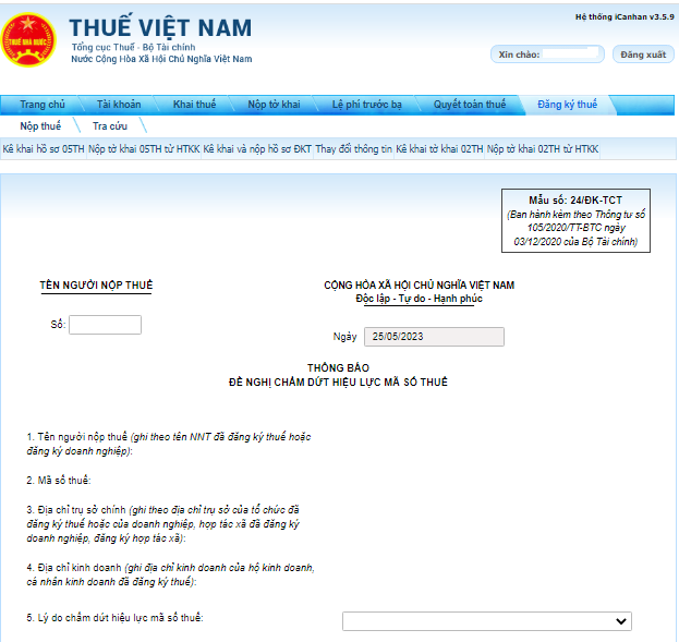 điền tờ khai chấm dứt mã số thuế
