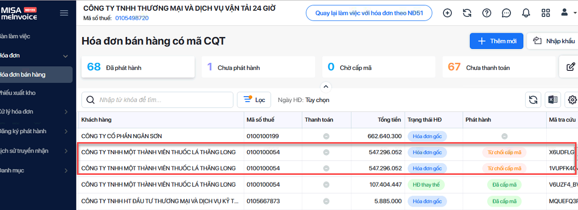 hóa đơn bị từ chối cấp mã