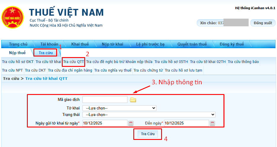 tra cứu tờ khai quyết toán thuế