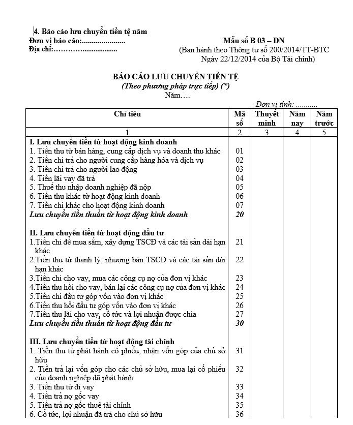 báo cáo lưu chuyển tiền tệ thông tư 200 trực tiếp