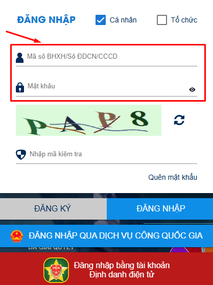điền thông tin đăng nhập cổng dịch vụ công