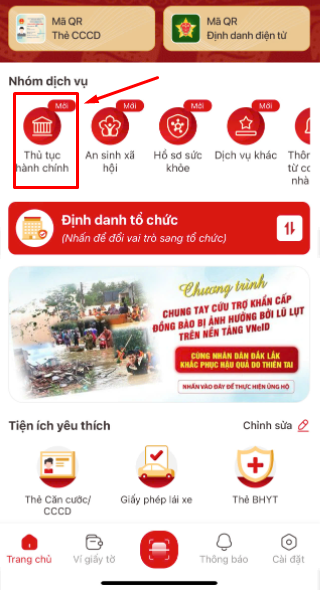 chọn thủ tục hành chính trên VNeID