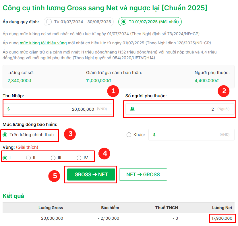 tính lương gross sang net trên top CV