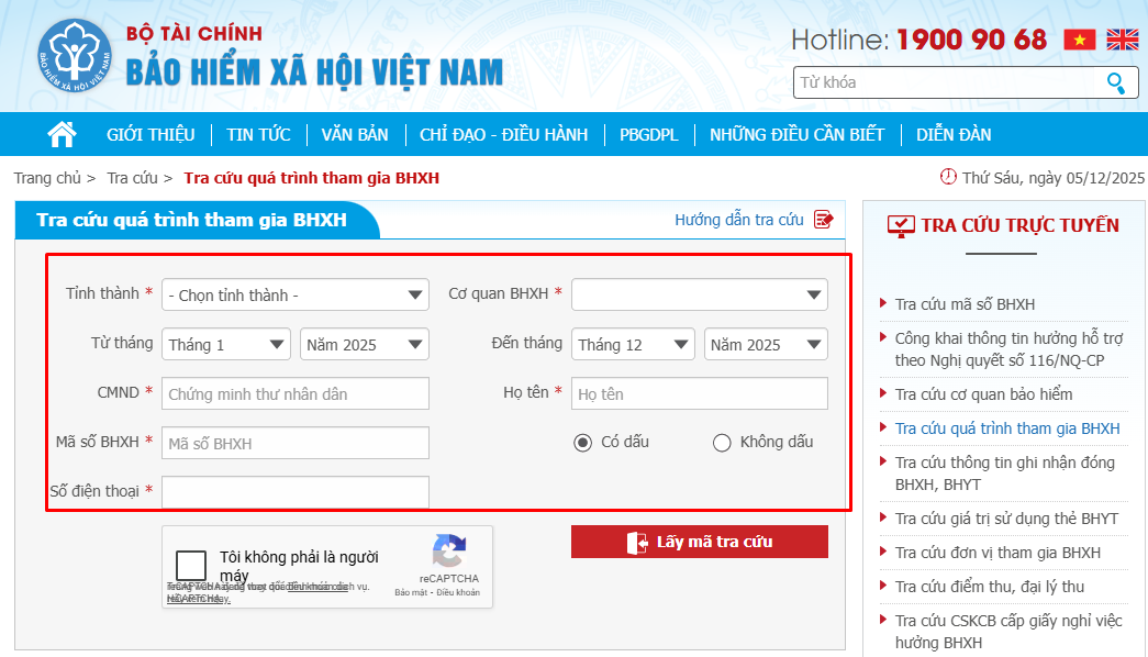 tra cứu quá trình tham gia BHXH trên website