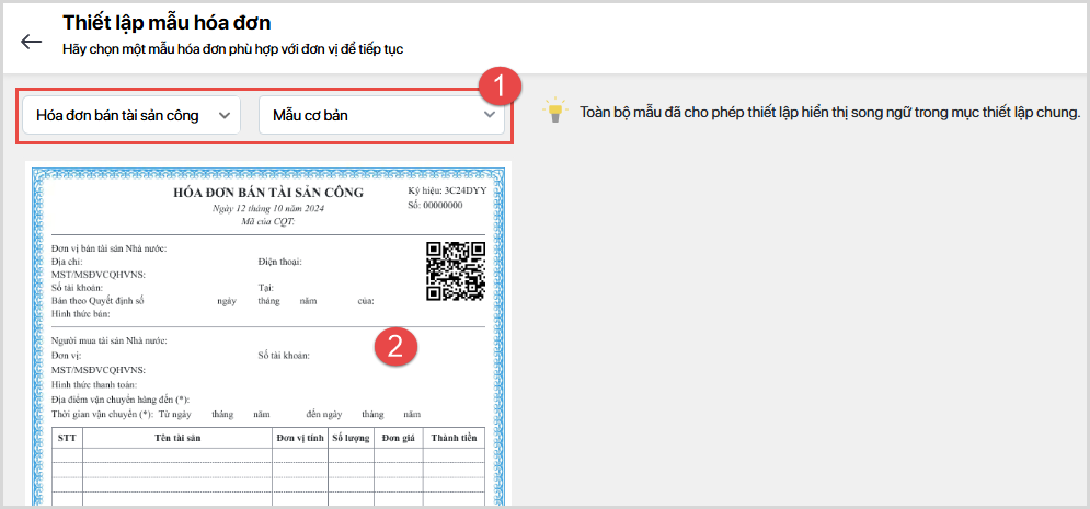 chọn loại hóa đơn bán xe