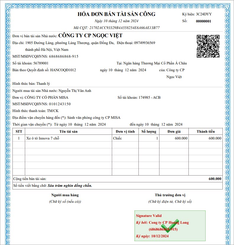 phát hành hóa đơn bán tài sản công