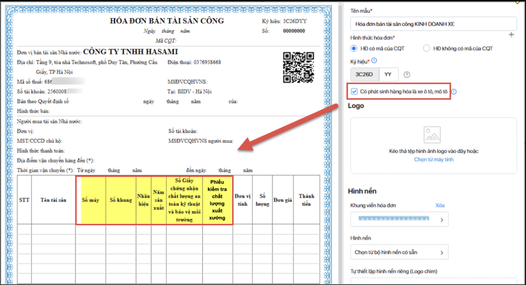 Kê khai thông tin xe trên hóa đơn