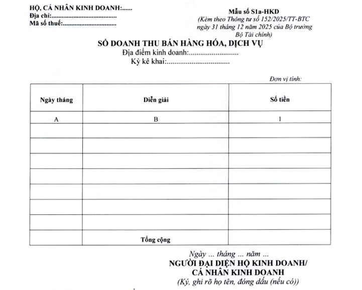 Sổ doanh thu bán hàng hóa, dịch vụ – Mẫu S1a-HKD