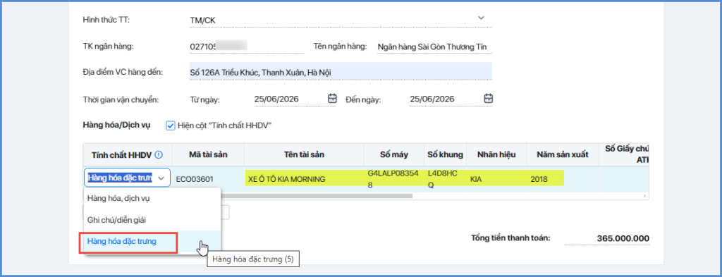 thông tin xe trên hóa đơn