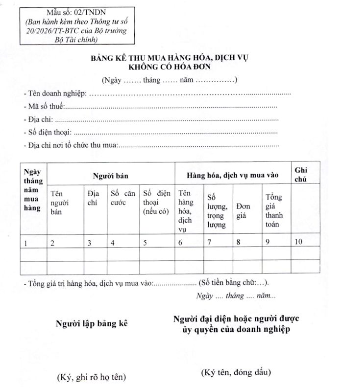 mẫu bảng kê 02/TNDN