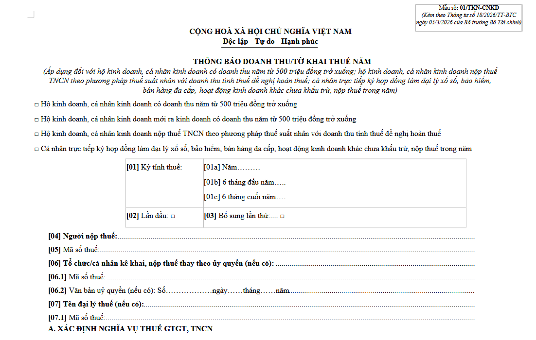 Mẫu tờ khai 01TKN-CNKD