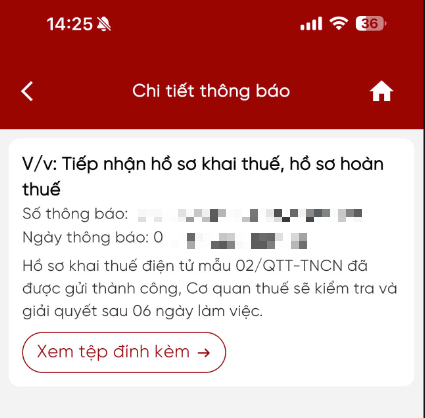Thông báo tiếp nhận hồ sơ khai thuế