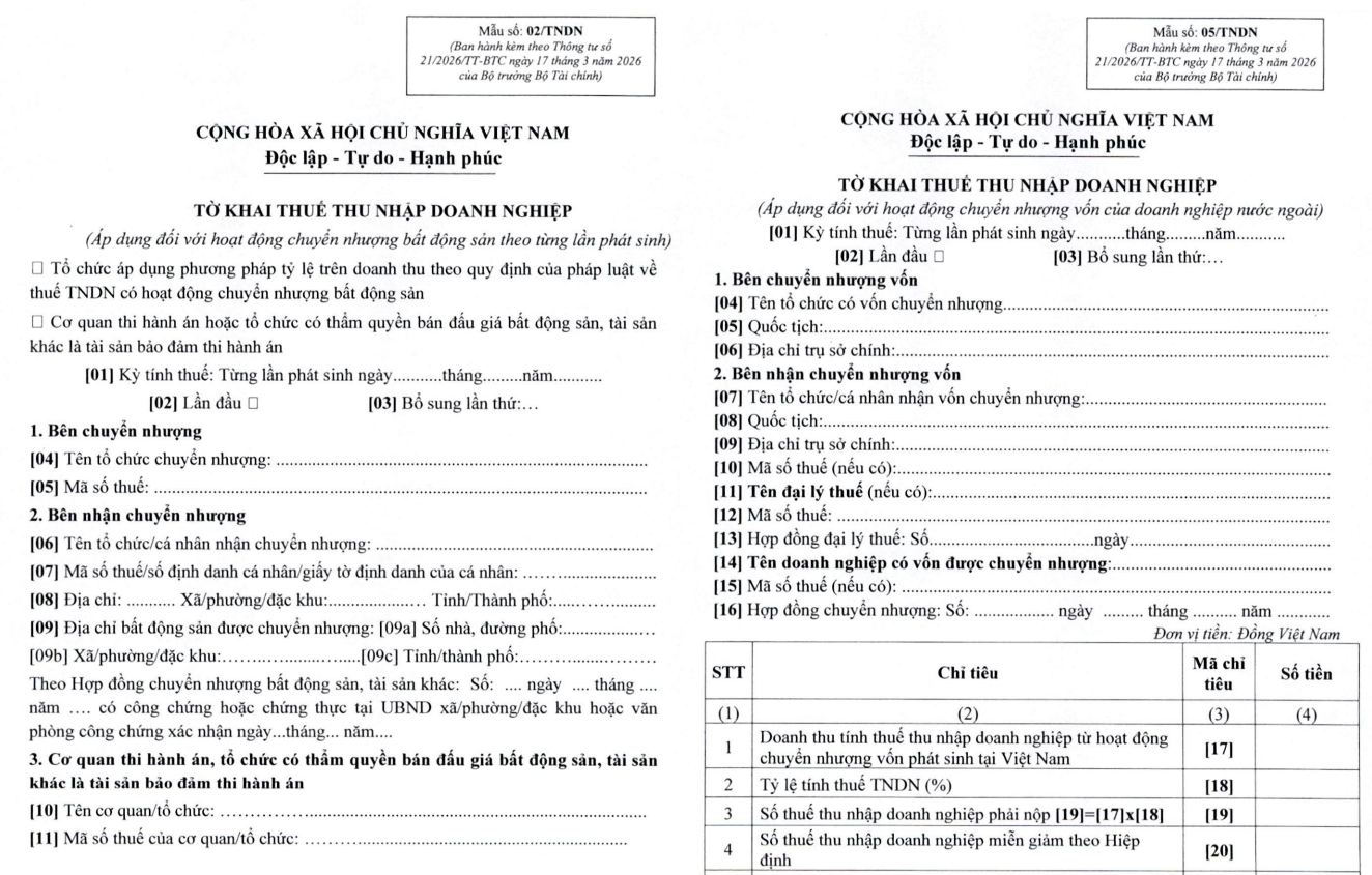 Tờ khai thuế thu nhập doanh nghiệp theo thông tư 21/2026