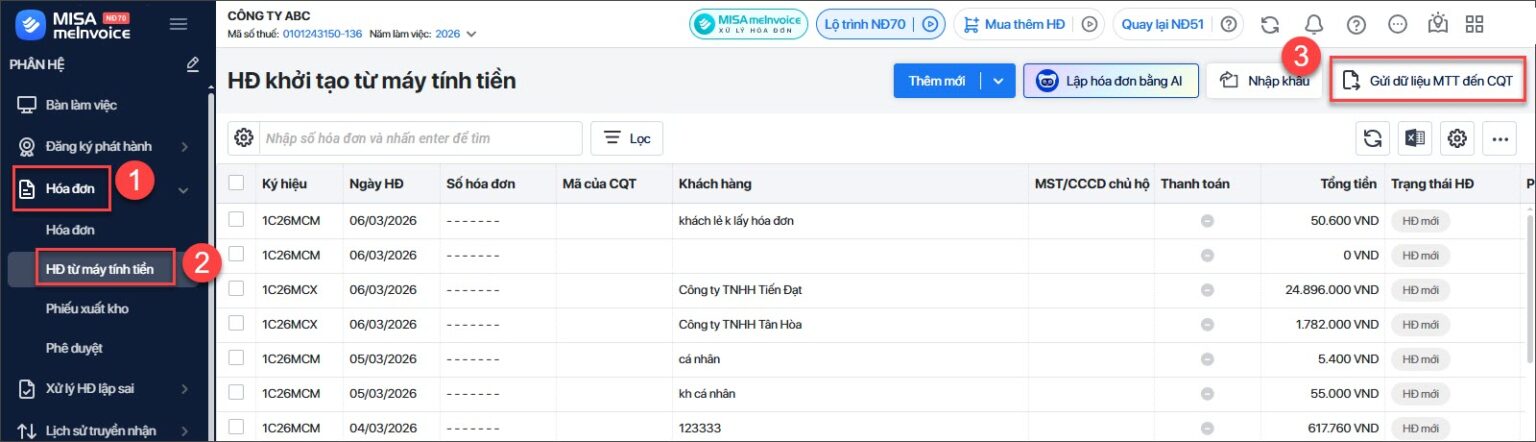 gửi dữ liệu máy tính tiền