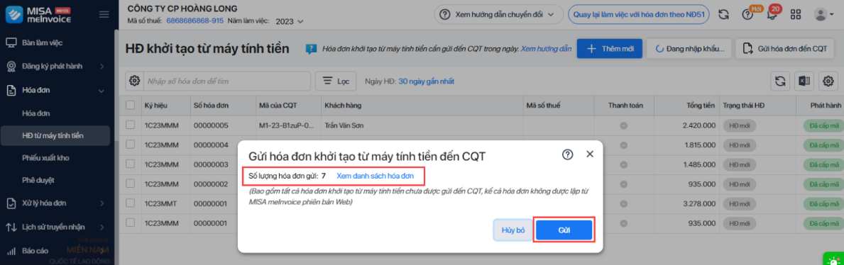 gửi hóa đơn khởi tạo từ máy tính tiền