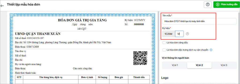 khai báo thông tin hóa đơn