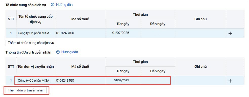 thông tin đơn vị truyền nhận