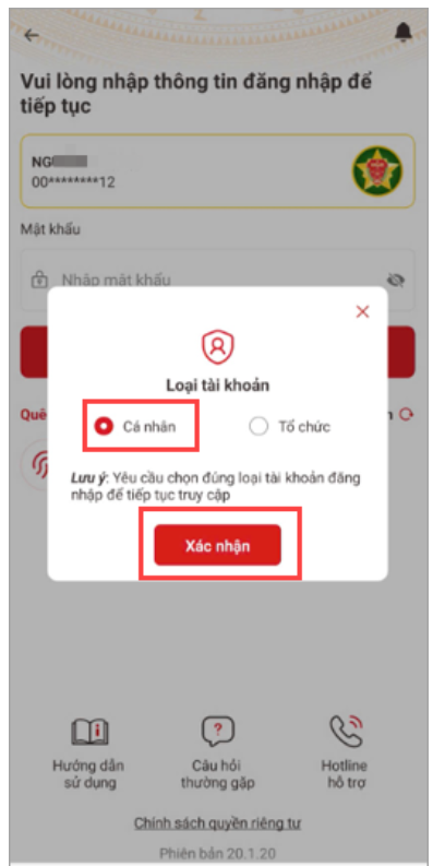 xác nhận loại tài khoản