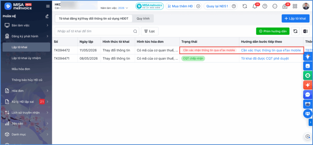 xác thực sinh trắc học hóa đơn qua OTP hoặc etax mobile