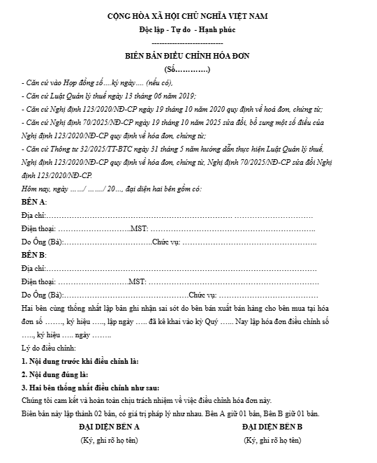 biên bản điều chỉnh hóa đơn