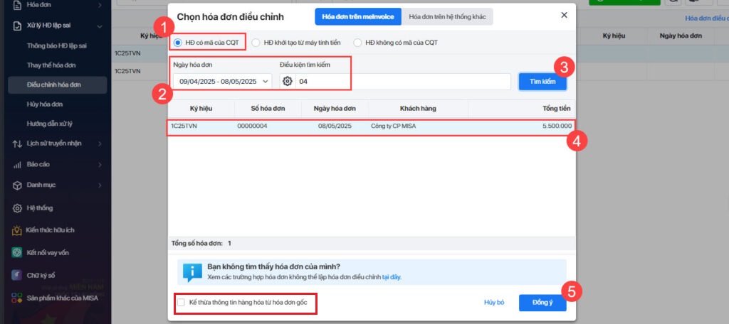 chọn hóa đơn điều chỉnh