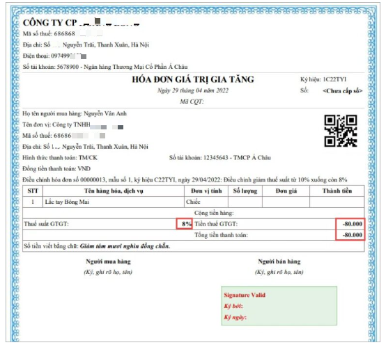 điều chỉnh hóa đơn 8%