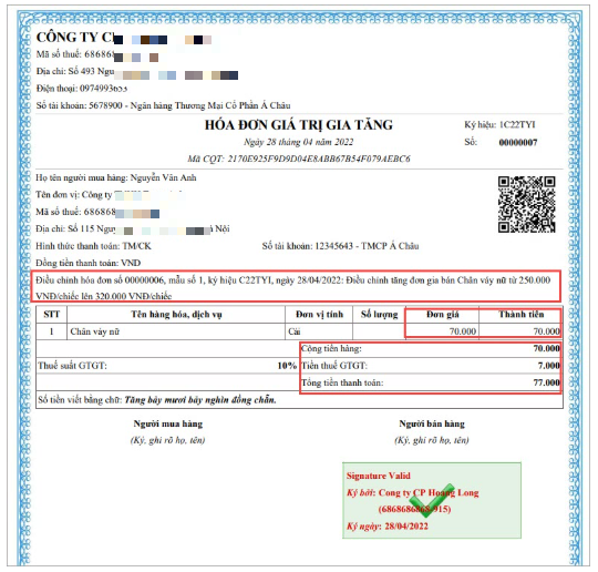 hóa đơn điều chỉnh tăng giá hàng hóa
